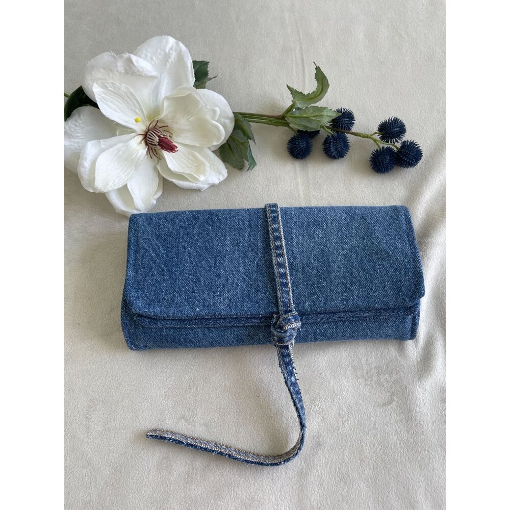 Vintage Denim Makeup Organizer Bag With 4 Makeup Brush Holder Wrap-Around Strap